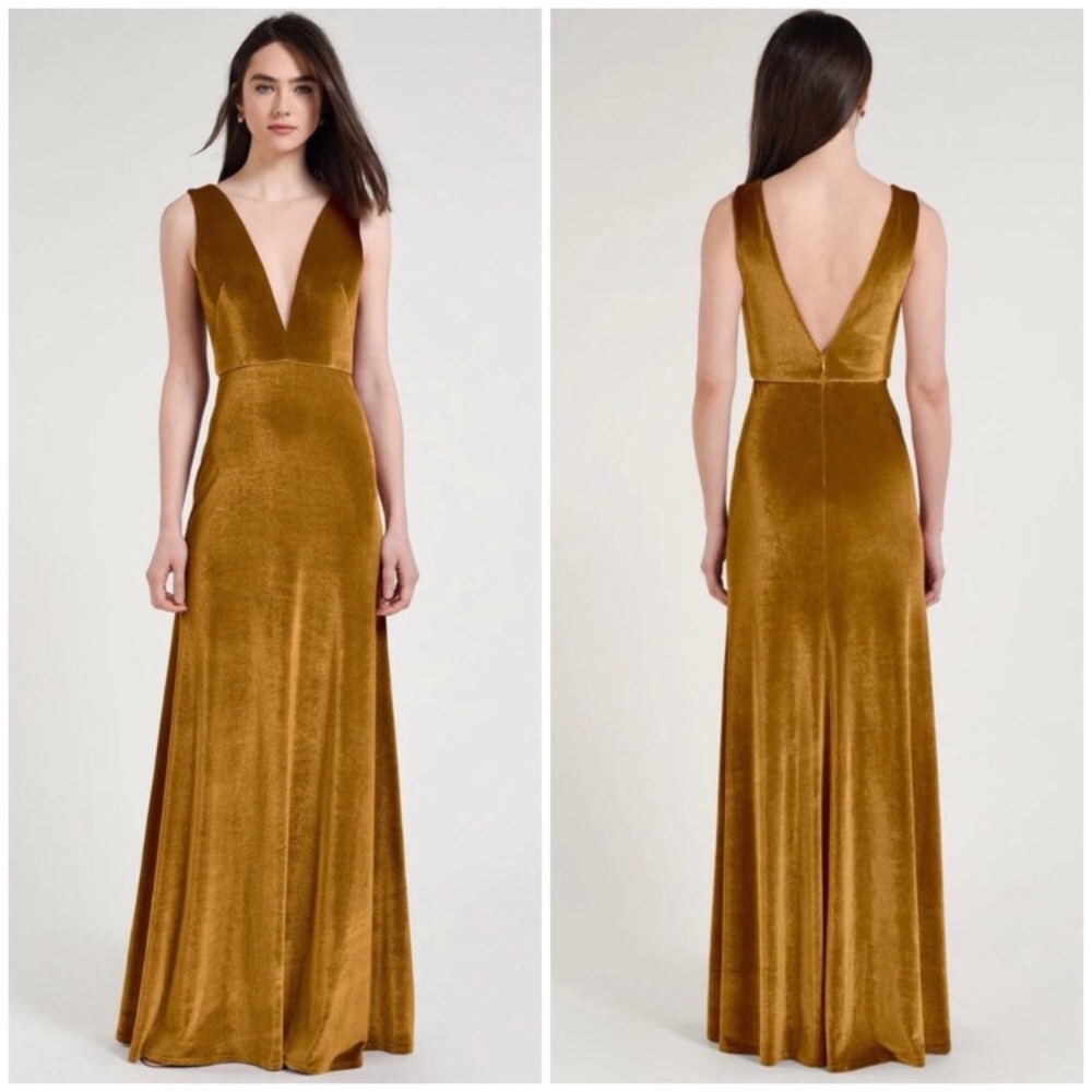 $290 Jenny Yoo Logan Gold Velvet V-Neck Maxi Cocktail Dress Evening Gown Size 10